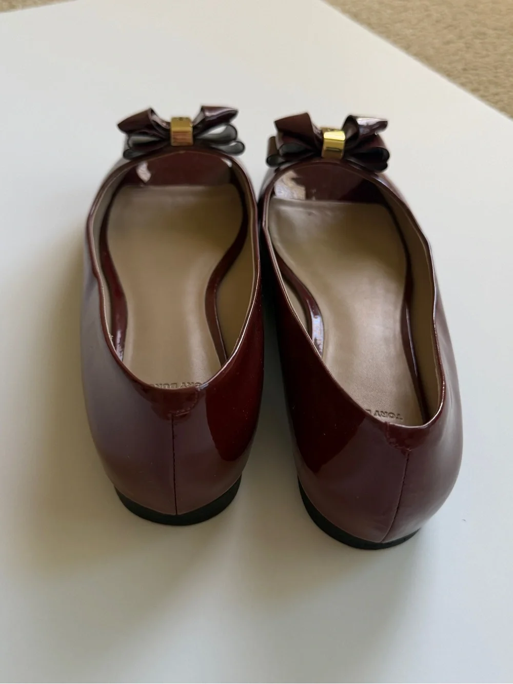 Tory Burch Maroon Patent Peep-Toe Bow Flats with Gold Logo Accent